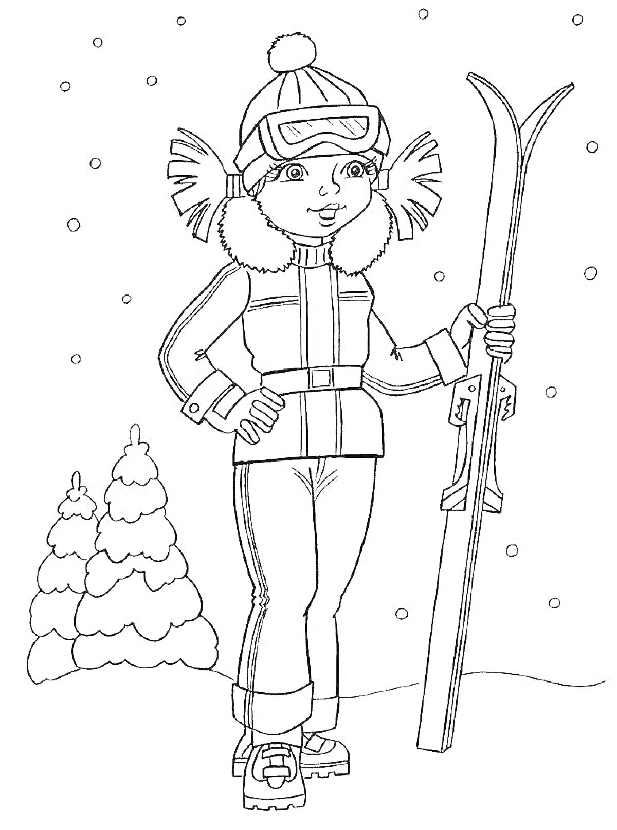 Раскраска Мальчик на лыжах в зимней одежде, стоит на снегу у елок