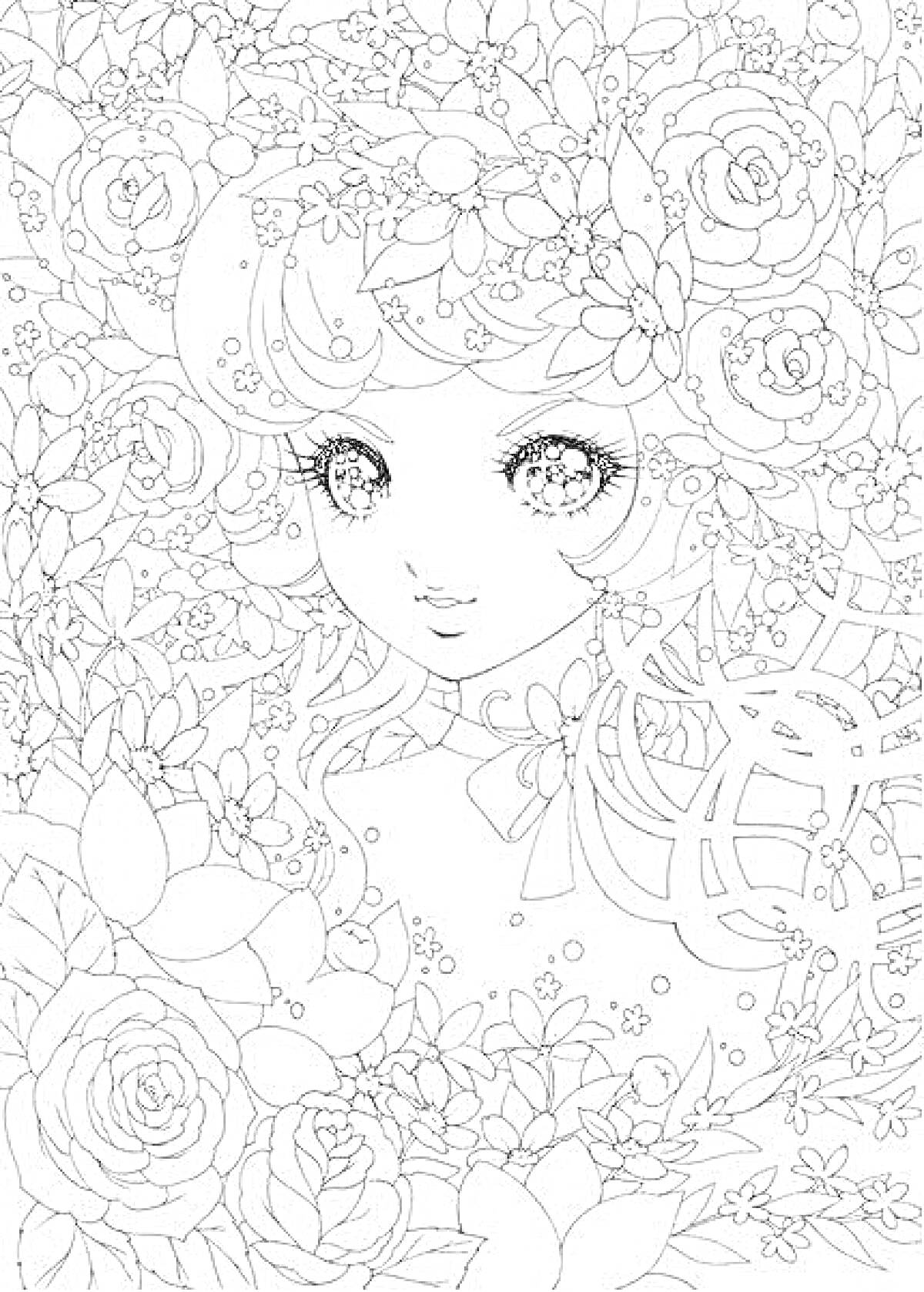 Раскраска Аниме девушка с цветочной короной и окружением