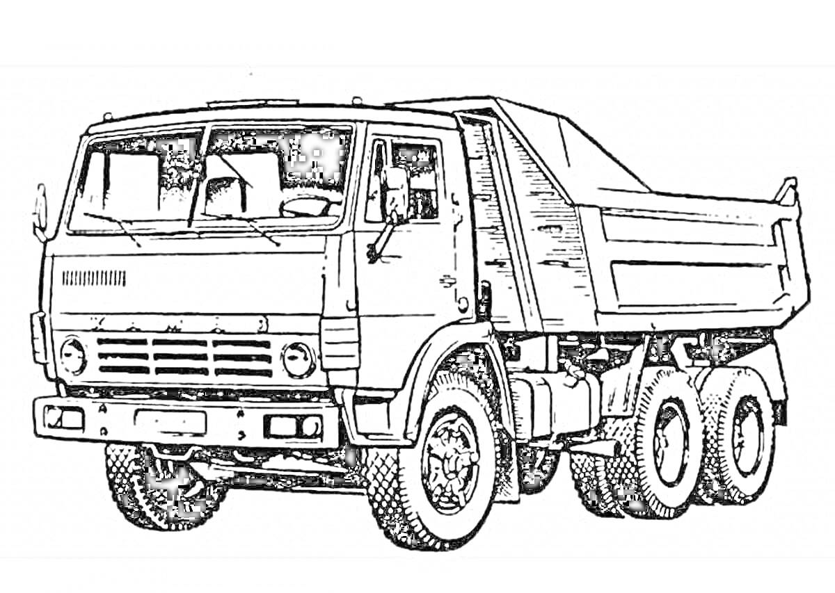 Раскраска Камаз-самосвал с прорисованными деталями кузова и шасси
