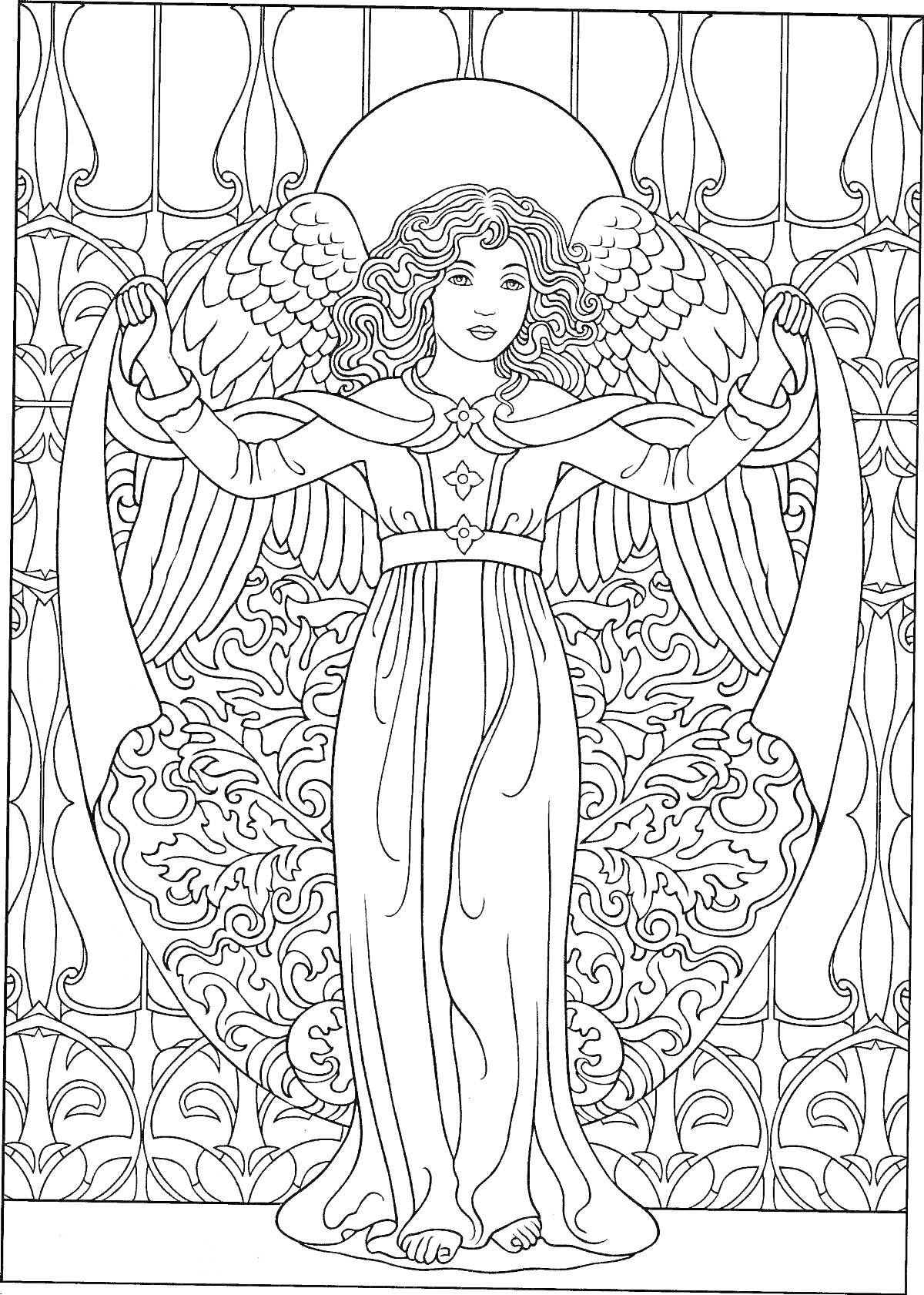 Раскраска Ангел с полотном на фоне цветочного узора и витражного окна