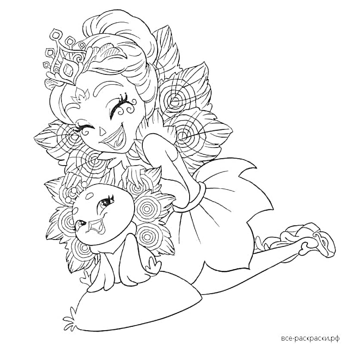 Раскраска Девочка в платье с цветами и её питомец цветок