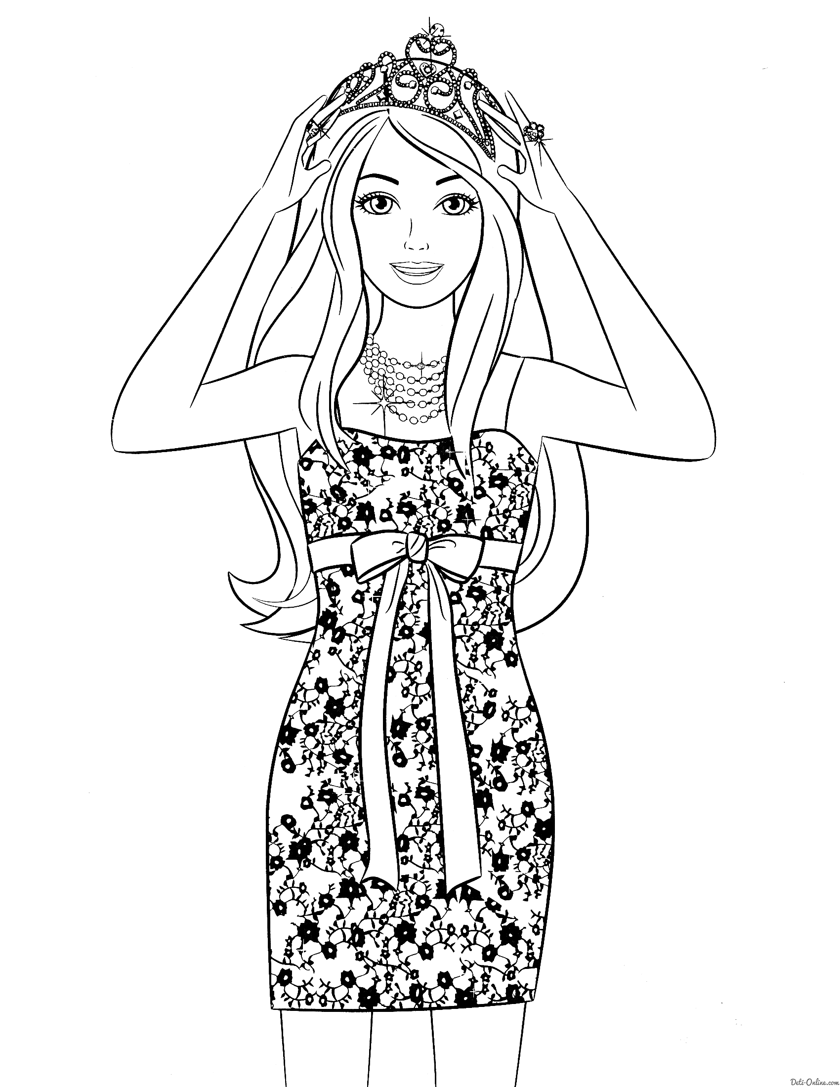 Раскраска Девочка в короне и цветочном платье