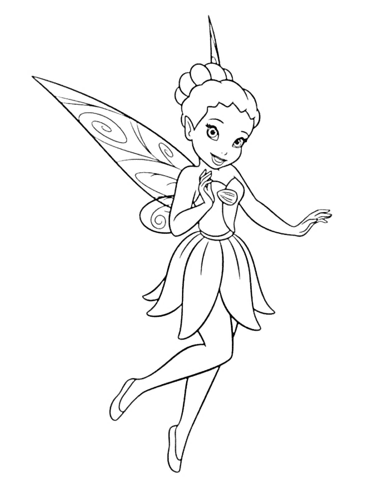 Раскраска Фея с собранными волосами и узорчатыми крыльями, в платье с лепестками, поднимающая руку