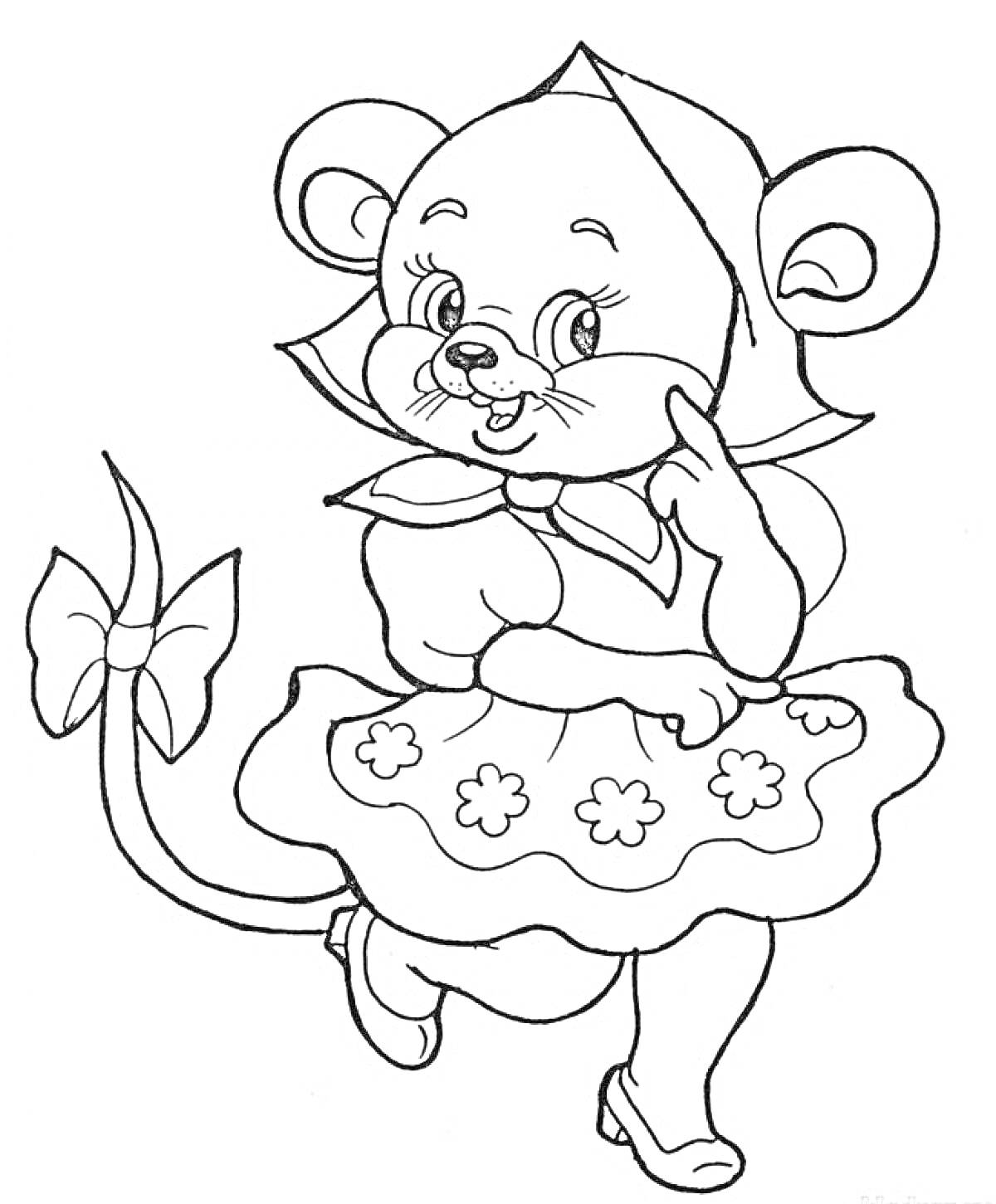 Раскраска Мышка в платье с цветами и бантом на хвосте