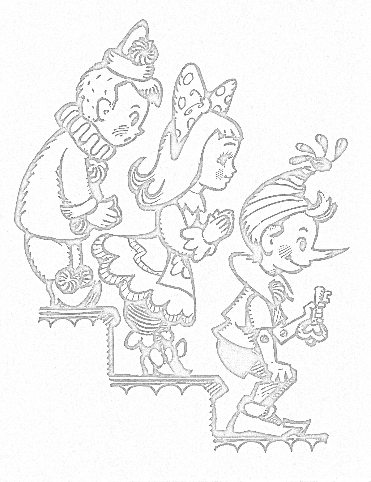 На раскраске изображено: Буратино, Друзья, Мальчик, Девочка, Лестница, Ключ, Кукольный театр, Иллюстрация, Приключения