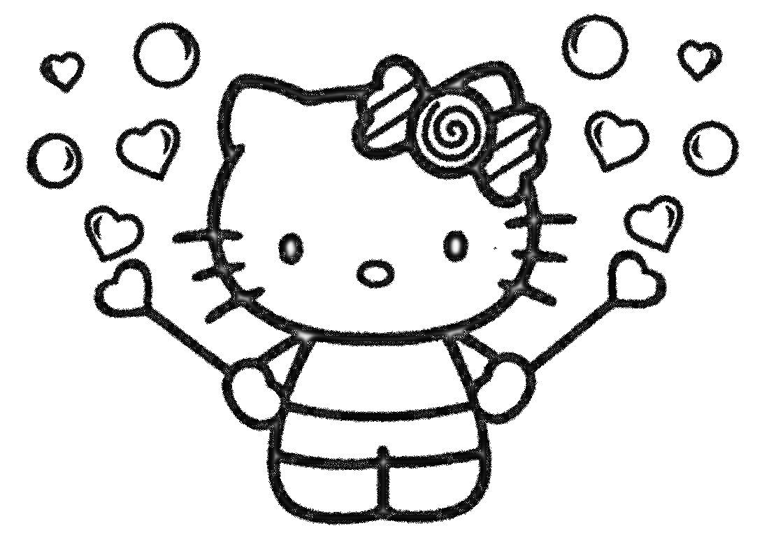 Раскраска Китти с палочками-сердечками и кругами и сердцами на фоне