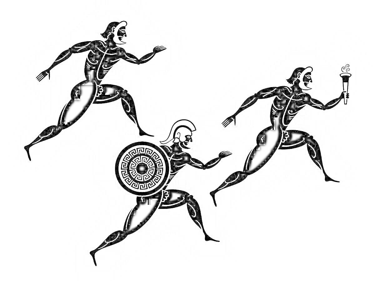 На раскраске изображено: Олимпийские игры, Древняя Греция, Атлеты, Бег, Факел, Щит, Спорт