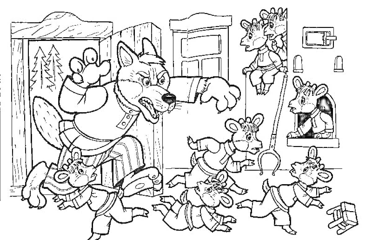 Раскраска Волк с вытянутой лапой и козлята, убегающие и прячущиеся в доме; дверь дома приоткрыта, два козлёнка на подоконнике, один козлёнок выглядывает из оконной рамы