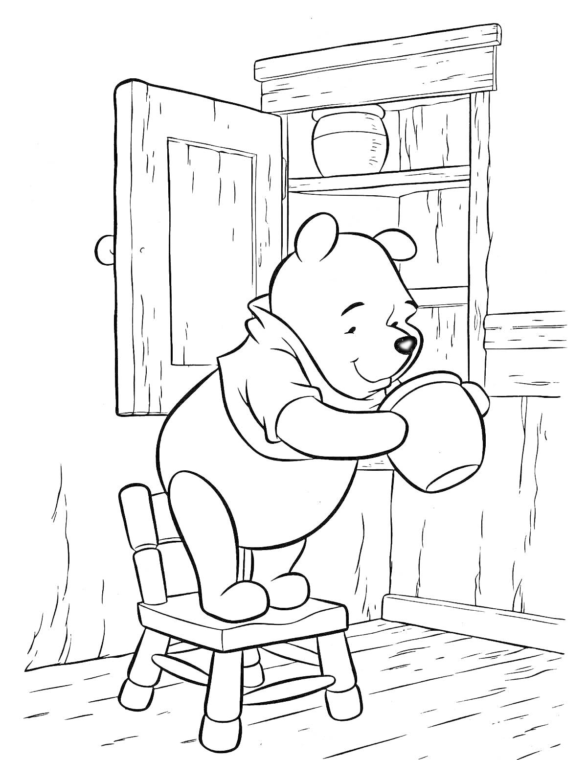 Раскраска Винни-Пух на стуле с горшком меда у шкафа