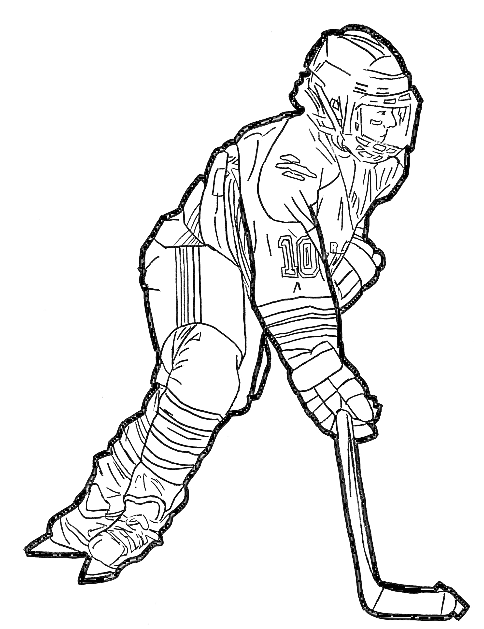 На раскраске изображено: Хоккей, Хоккеист, Клюшка, Защитная форма, Спорт