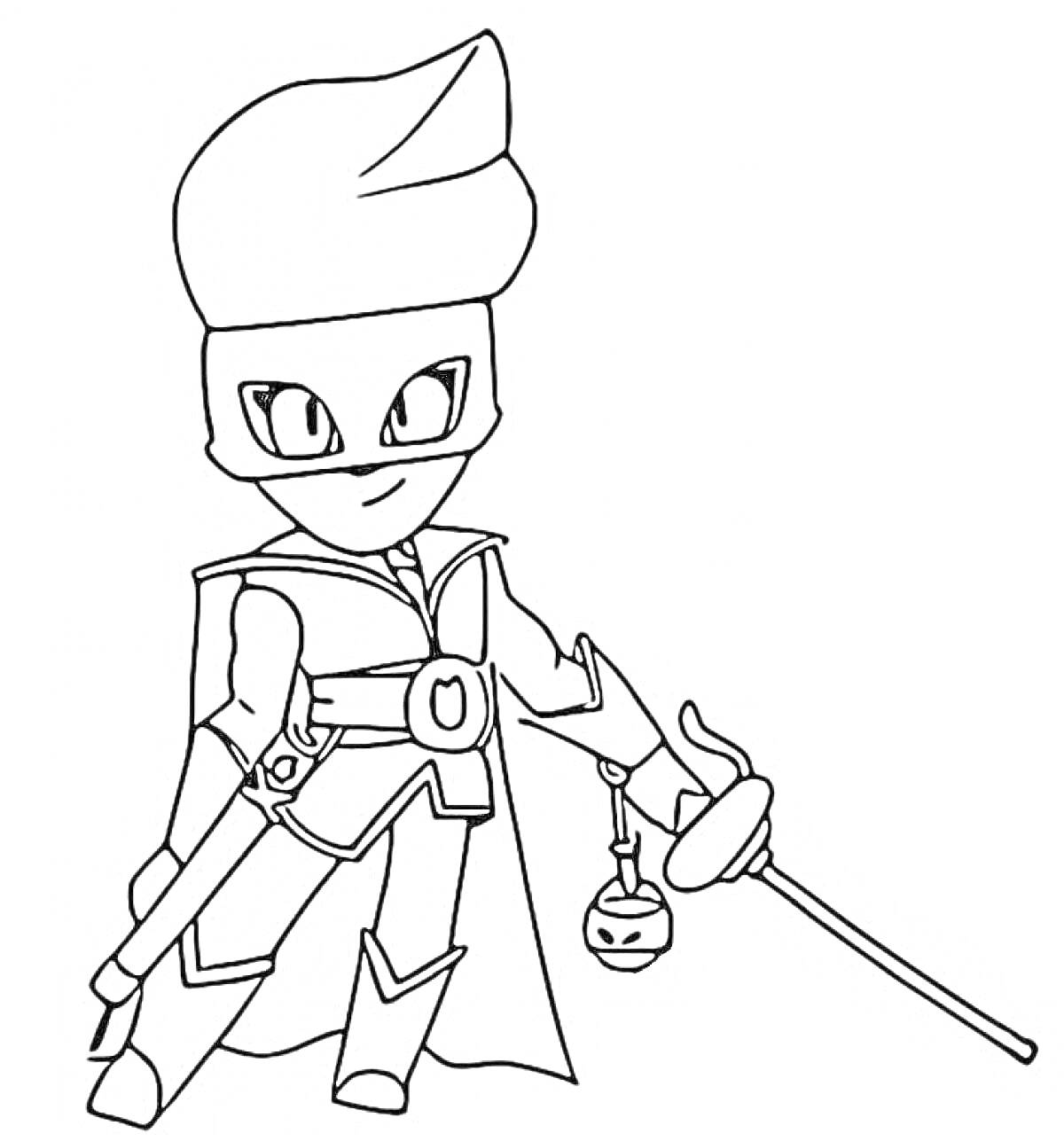 Раскраска Персонаж в маске с мечом и факелом