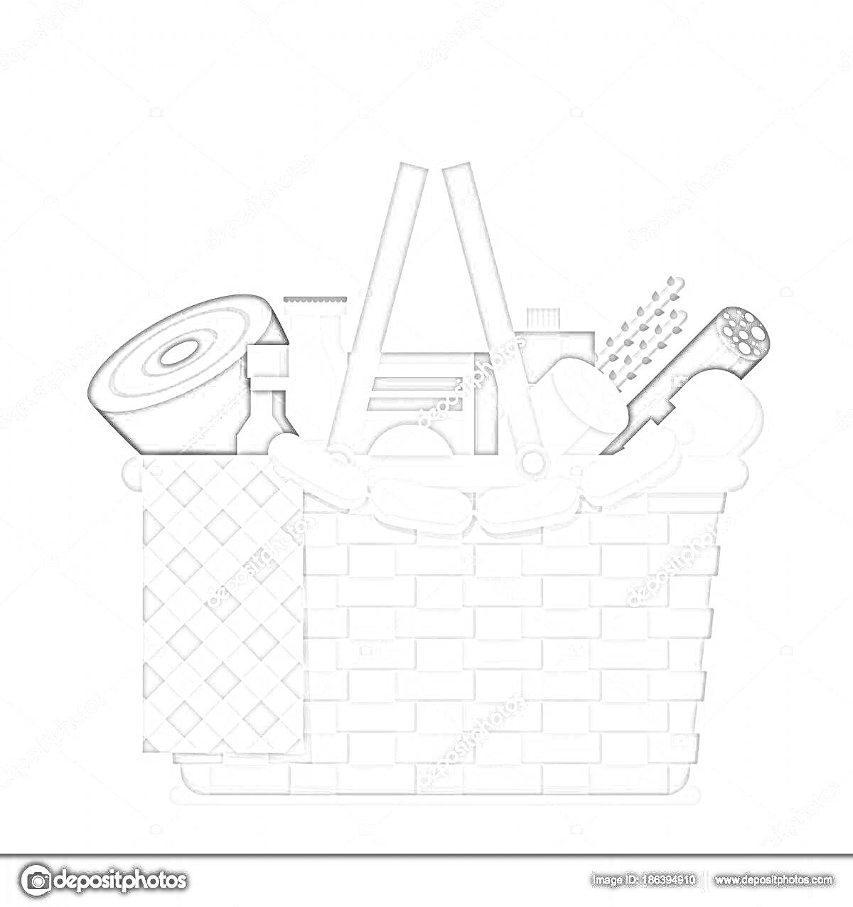 Раскраска Корзина для пикника с едой, включающая хлеб, бутылку, банку, колбасу, сыр, бокал, вино, лейку и скатерть
