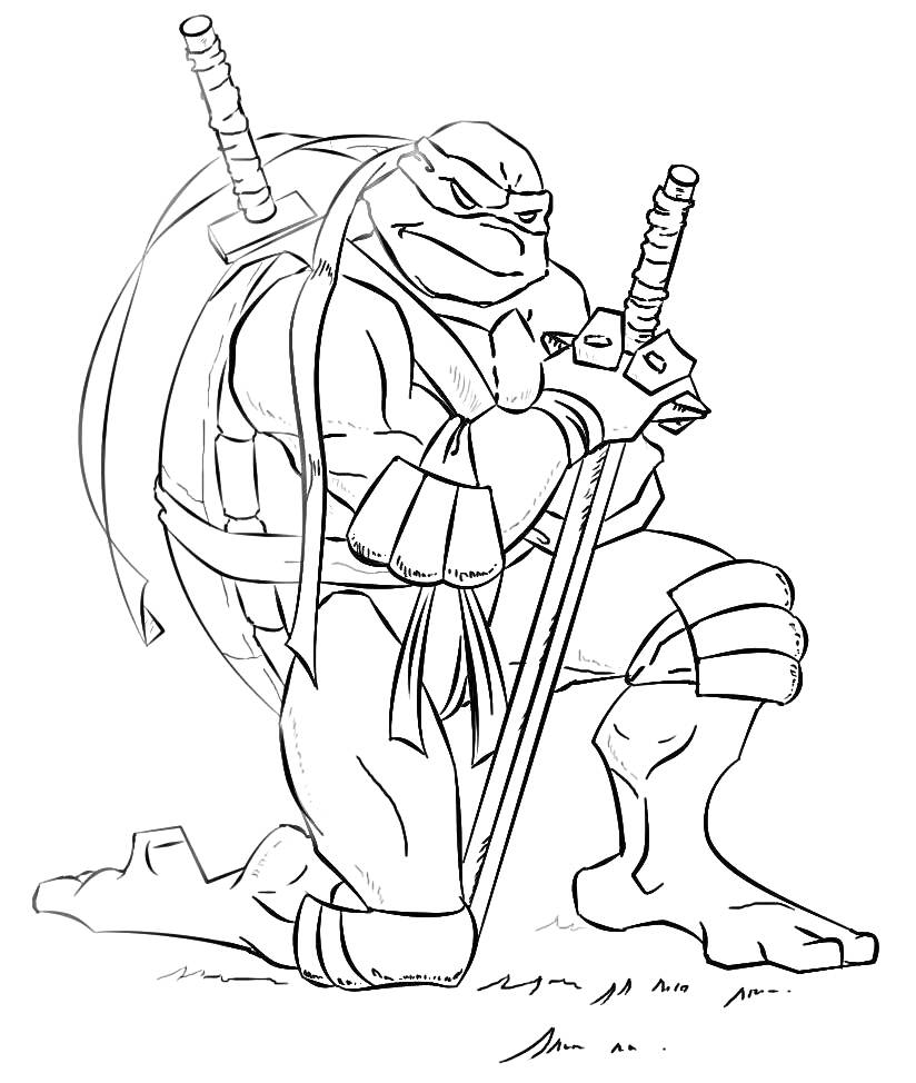 Леонардо из Черепашек-ниндзя с двумя мечами и повязкой на глазах, стоит на одном колене