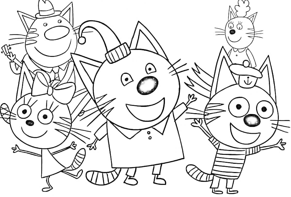 Раскраска Пять улыбающихся котов в шапочках и бантике