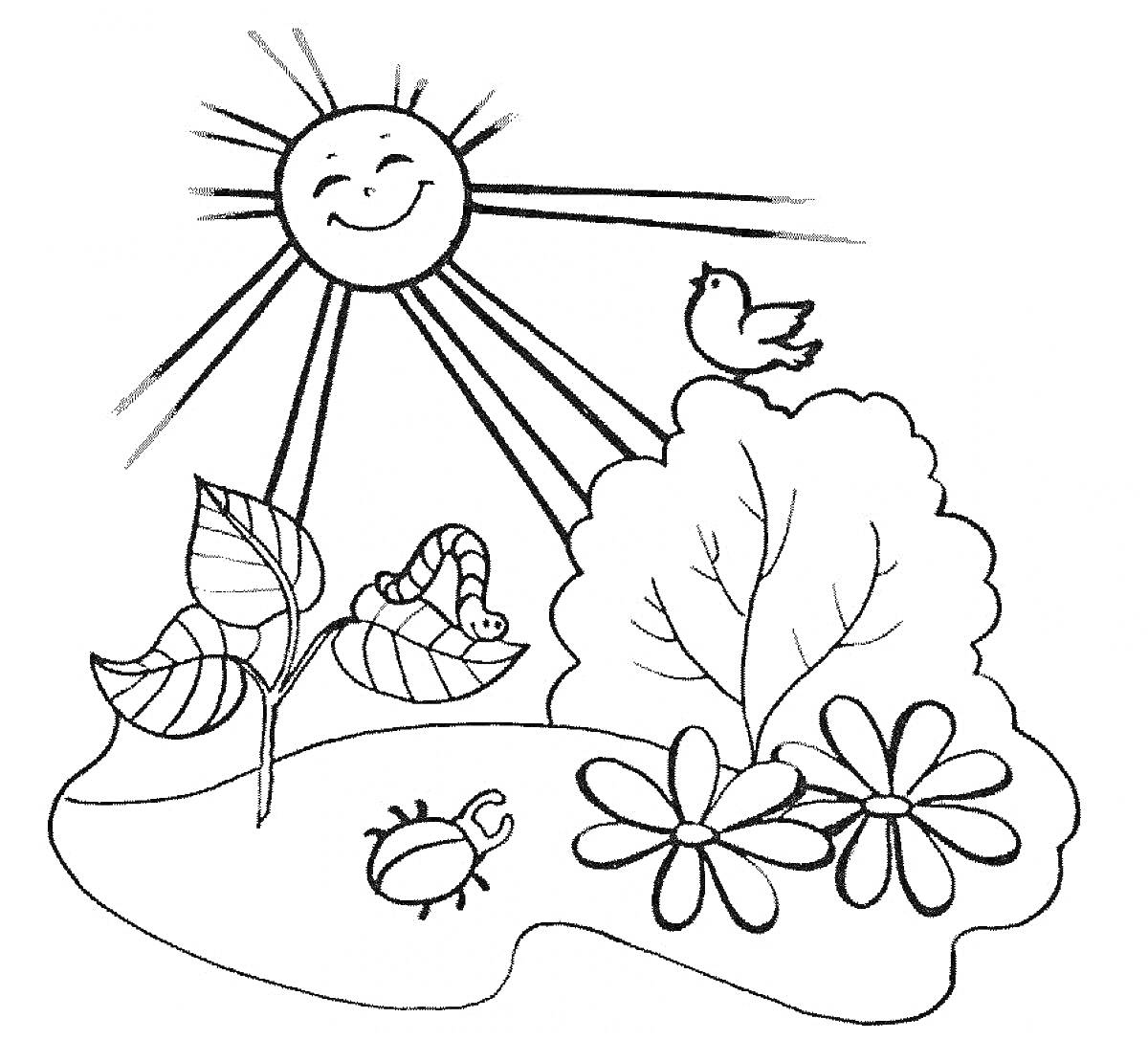 Летний день в июне с улыбающимся солнцем, птицей, червяком, кустом, большим листком, цветами и жуком