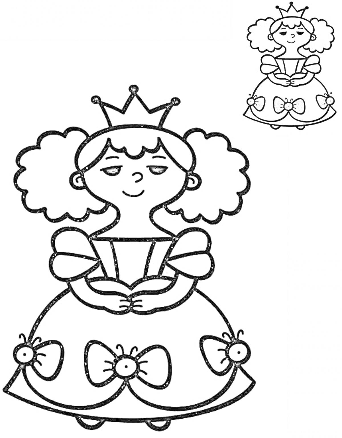 На раскраске изображено: Принцесса, Корона, Платье, Бантики, Дошкольники, 3 года, 4 года, Для детей