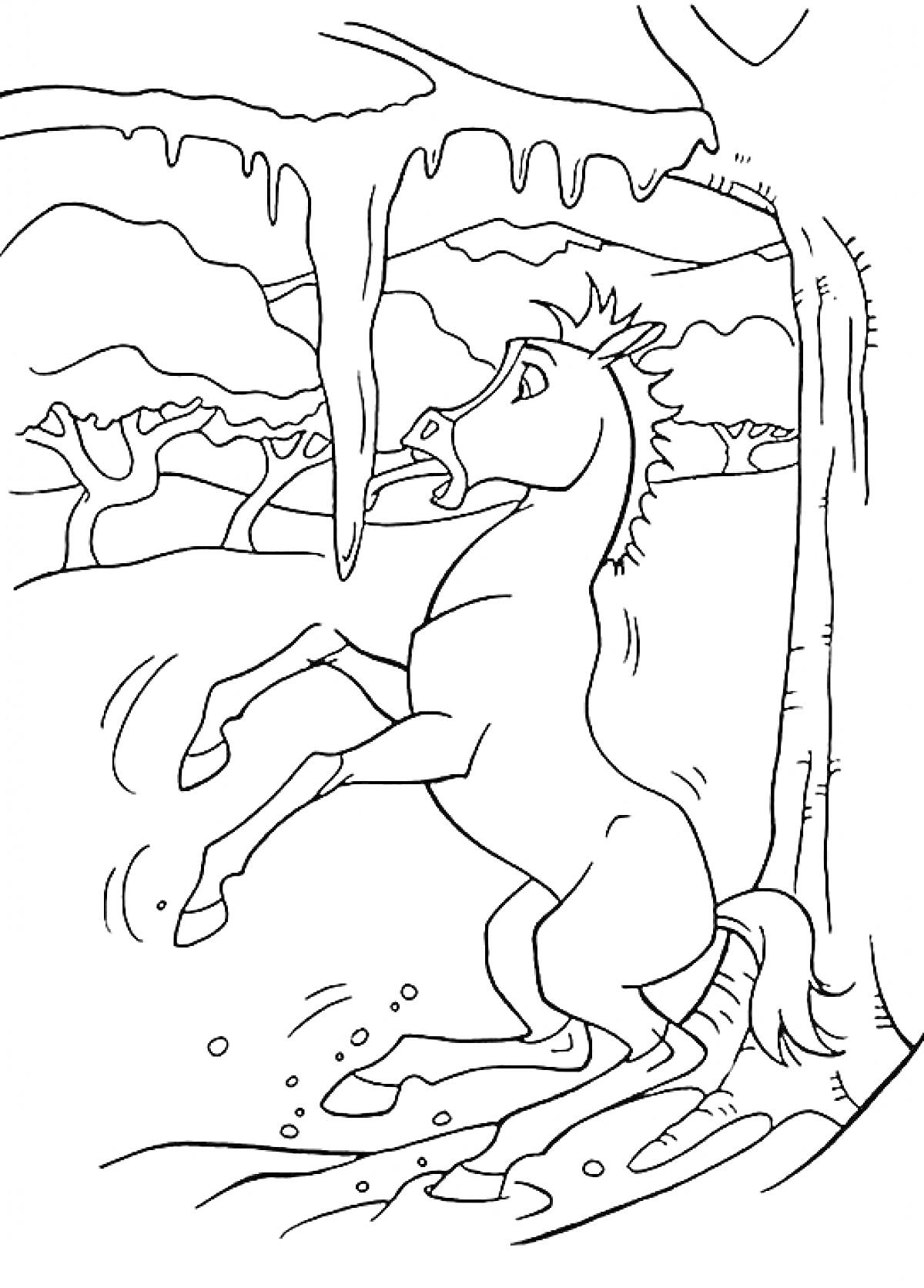 На раскраске изображено: Лошадь, Лес, Зима, Сосульки, Деревья, Снег, Спирит