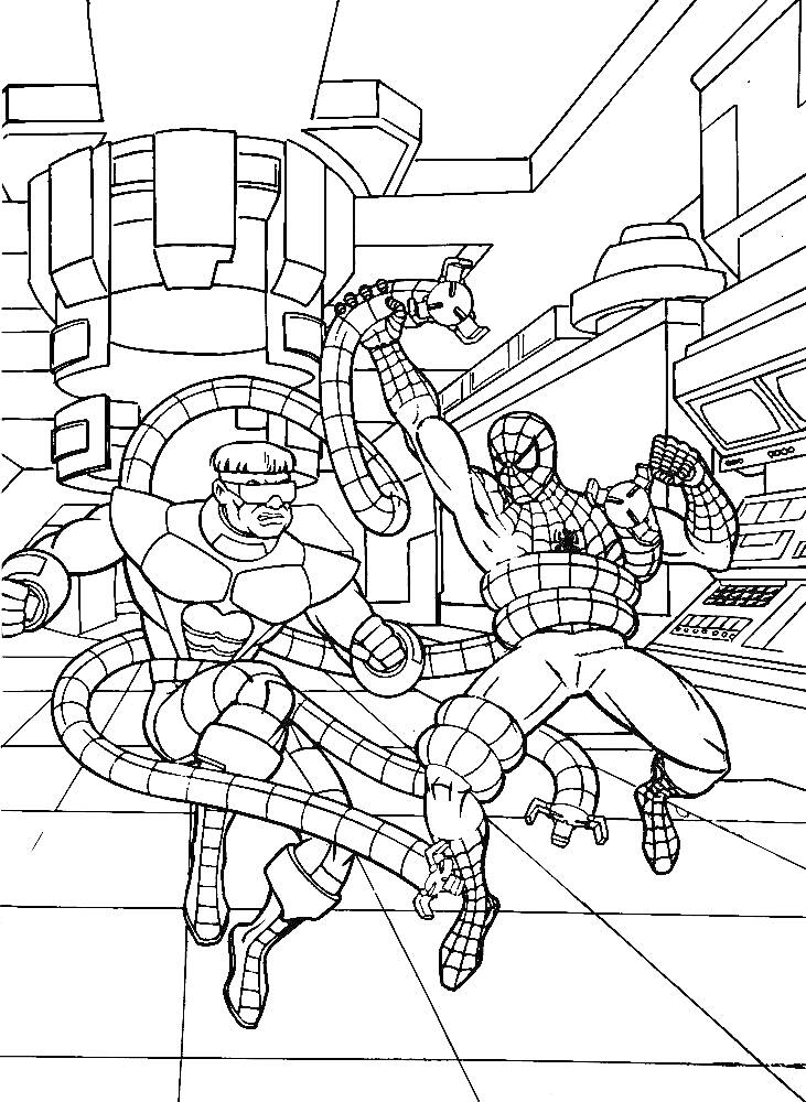 На раскраске изображено: Доктор осьминог, Лаборатория, Бой, Комиксы, Супергерои, Злодеи, Экшн, Человек-Паук