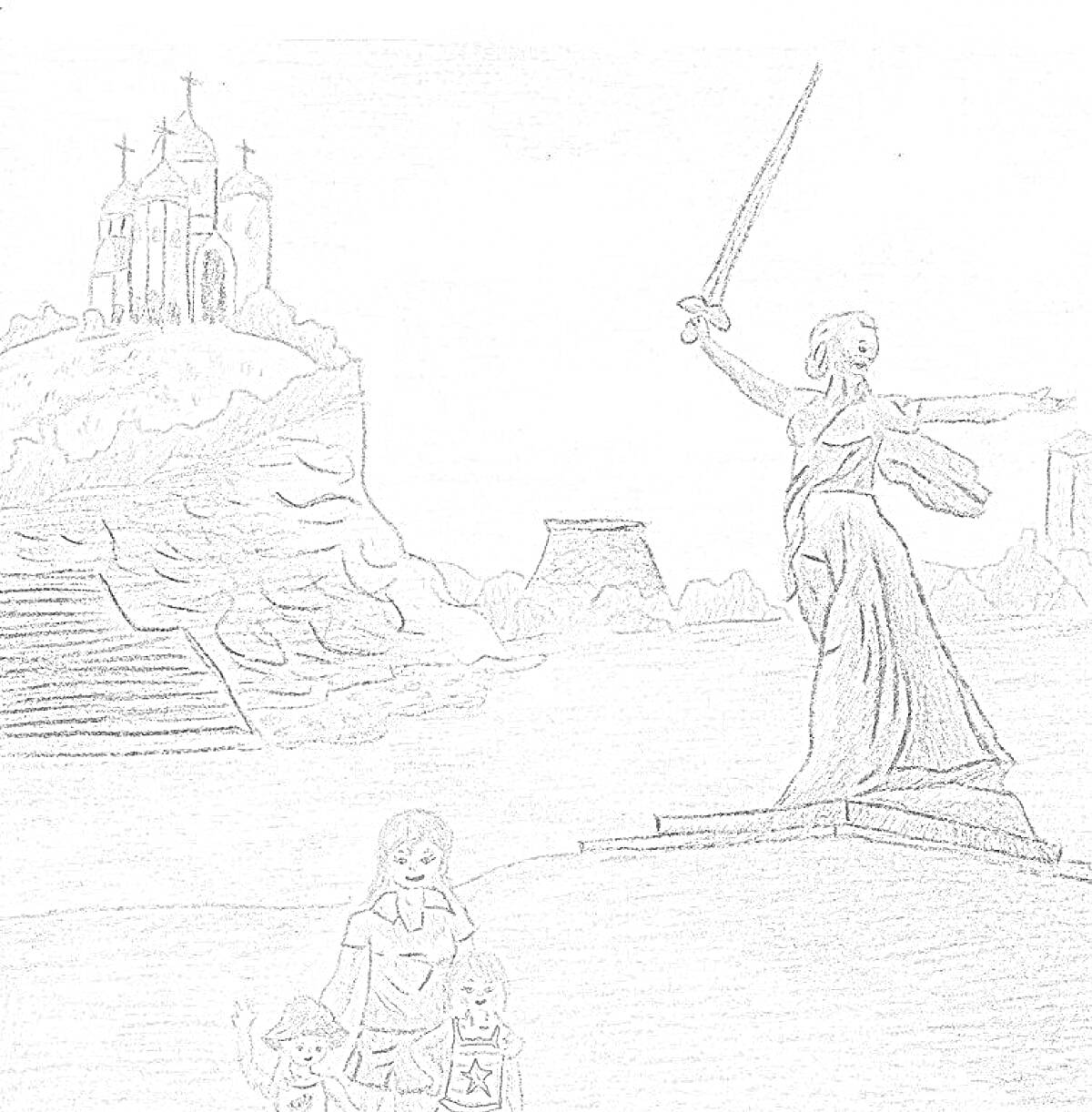 На раскраске изображено: Сталинградская битва, Храм, Победа, Война, Великая Отечественная война