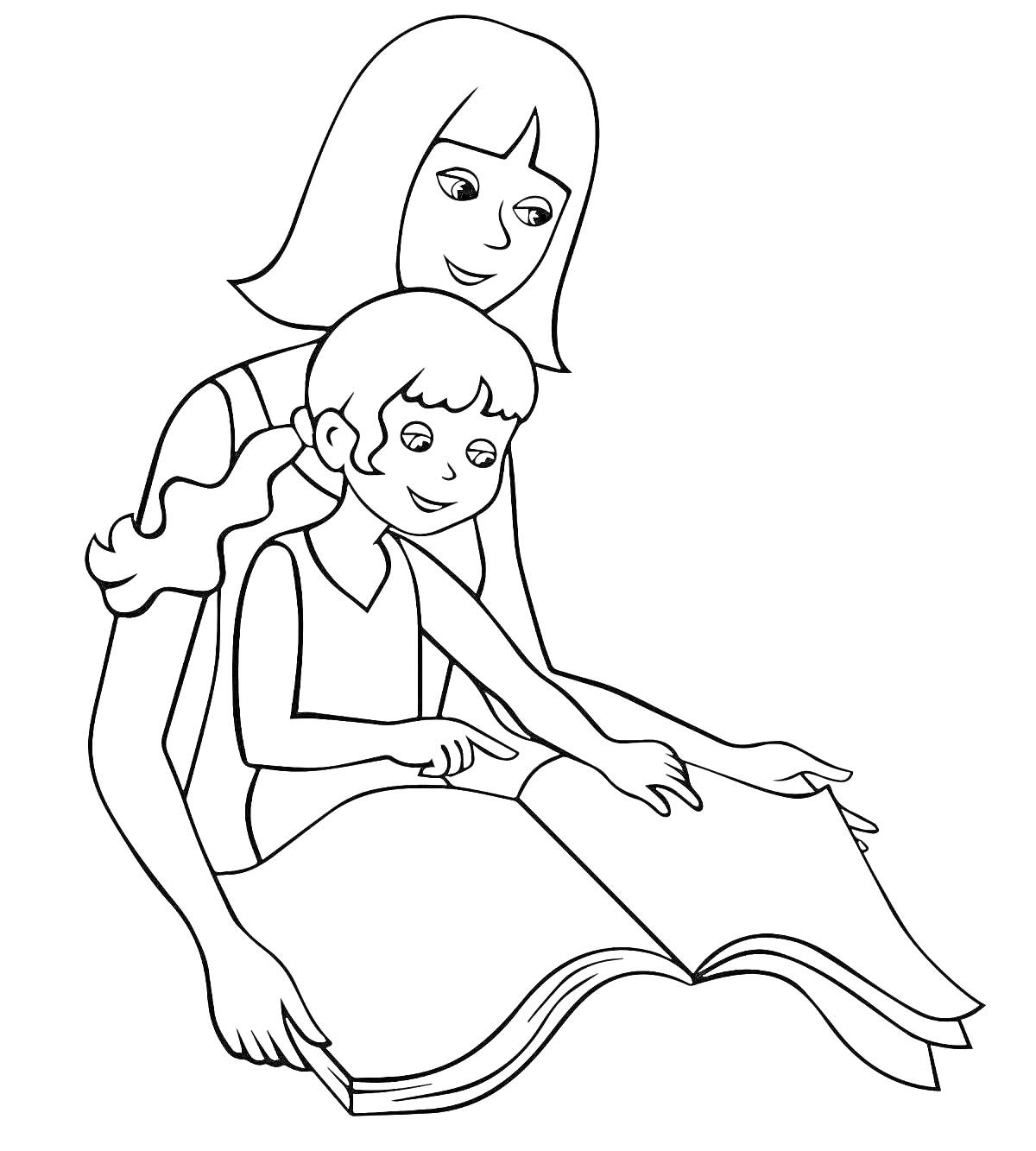 Раскраска Мама читает книгу с дочкой на коленях