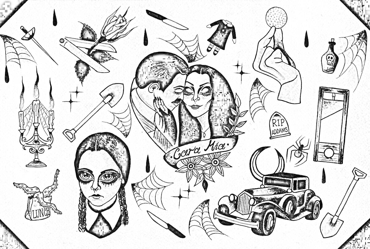 Раскраска Венсдей Аддамс с семейством и атрибутами — Венсдей, Гомес и Мортиша, паутина, луна, зелье, автомобиль, свечи, топор, лопаты, роза, рубашка с галстуком.
