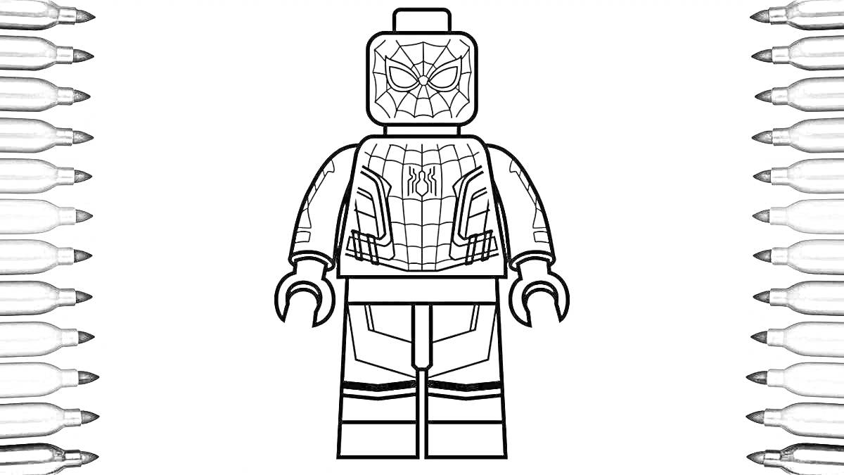 Раскраска Лего персонаж в костюме человека-паука, окруженный маркерами