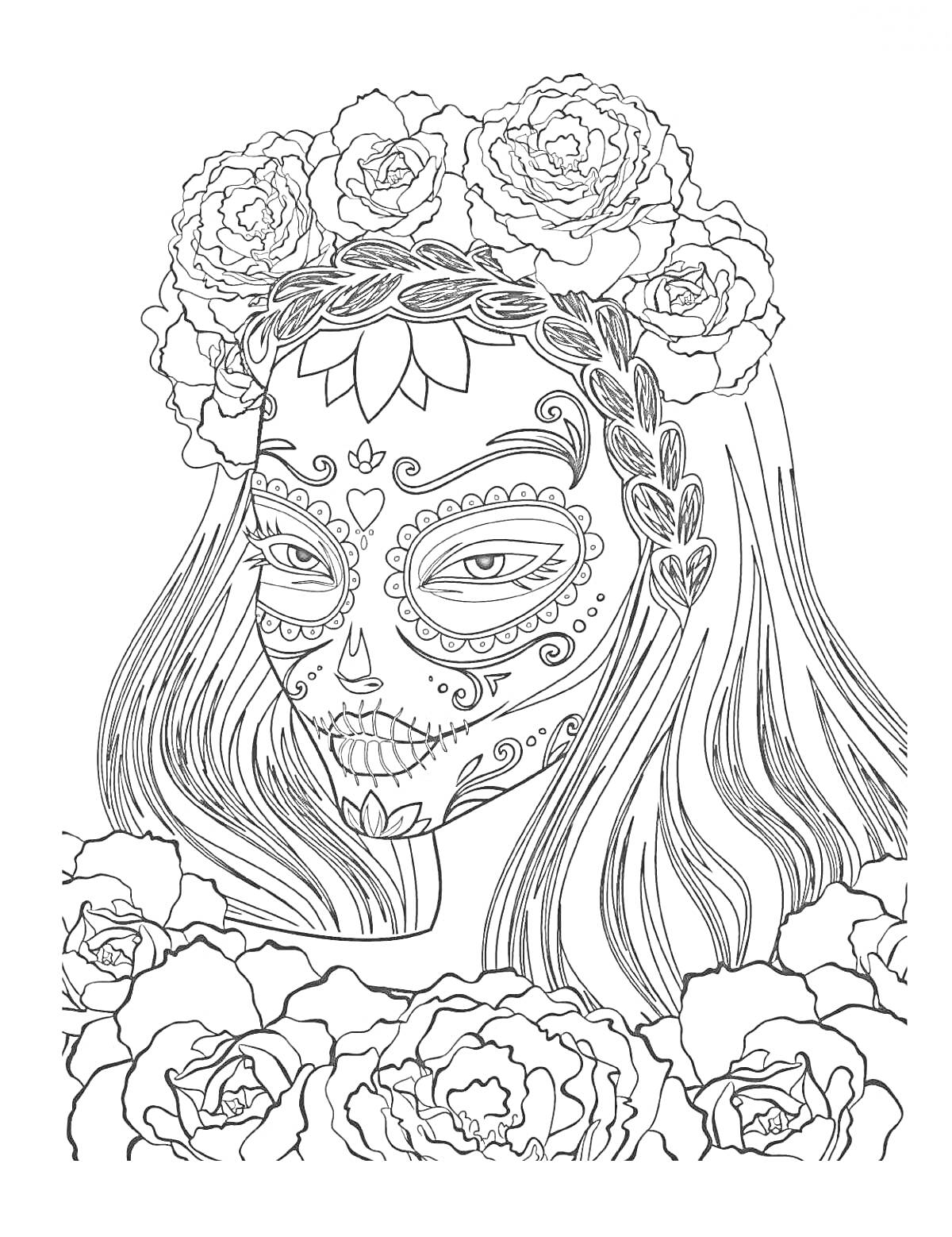 Раскраска Женщина в образе куклы Calavera (с замысловатыми узорами на лице), венок из роз на голове, волосы с косой обрамлены цветами