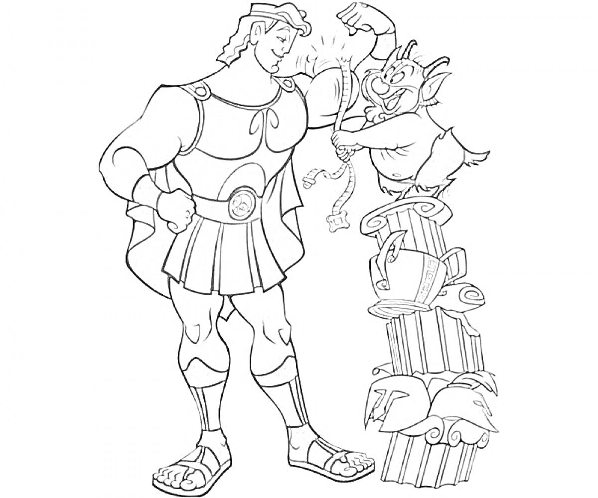 Раскраска Геракл и сатир, стоящий на стопке колонн