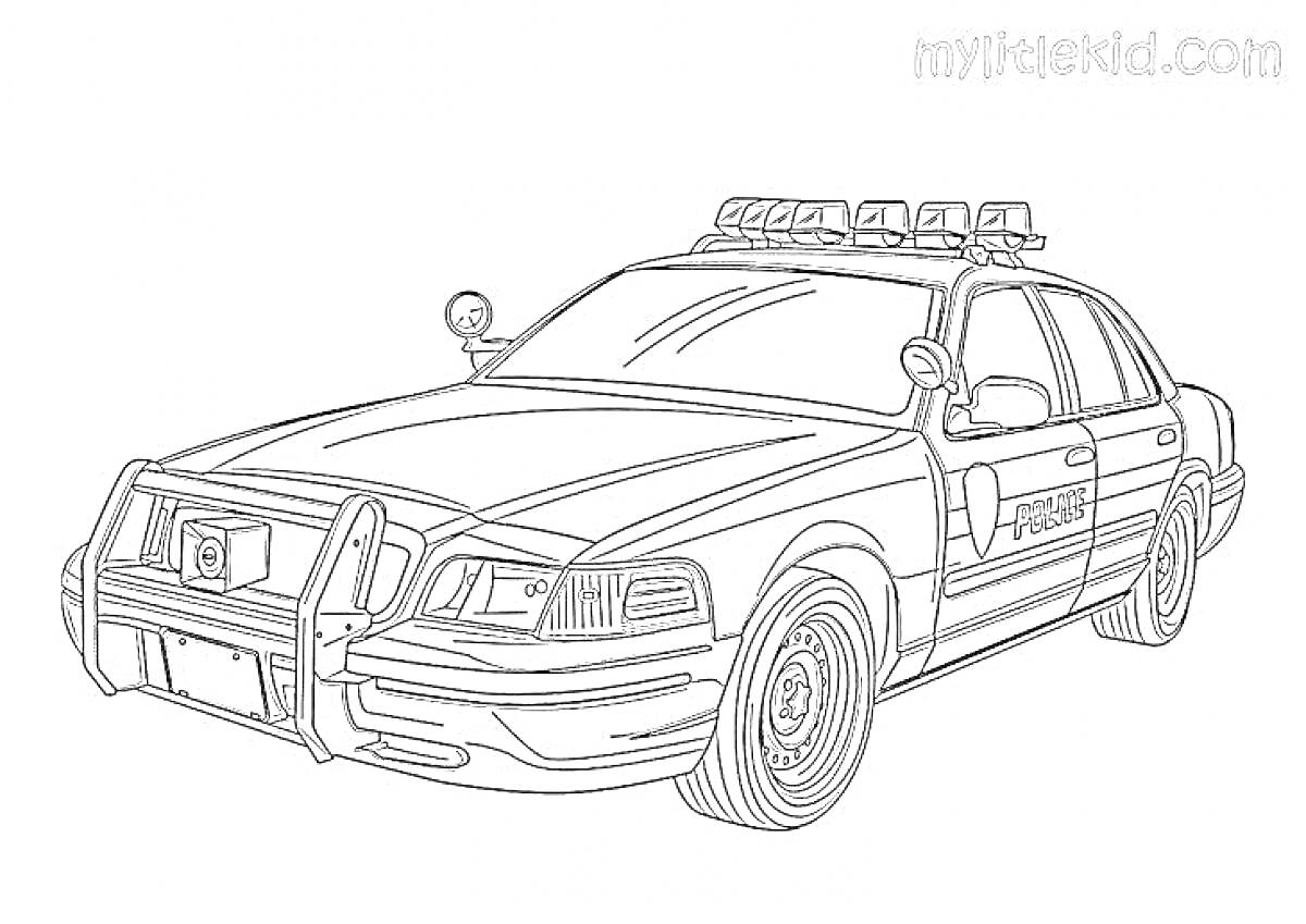 На раскраске изображено: Полицейская машина, Мигалки, Фары, Колёса
