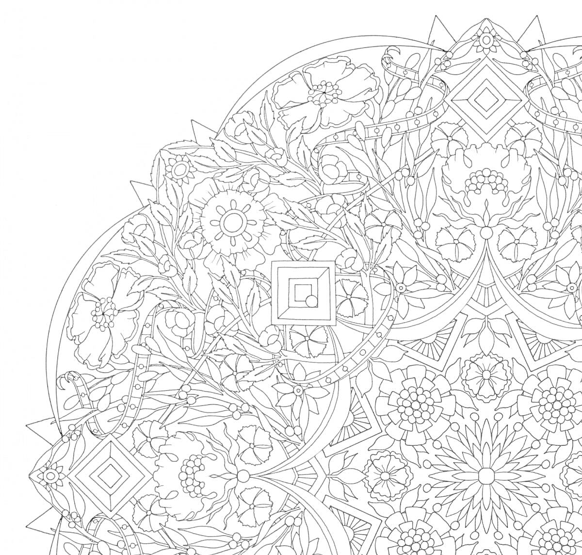 Раскраска Мандала с цветами, сложный орнамент с геометрическими элементами
