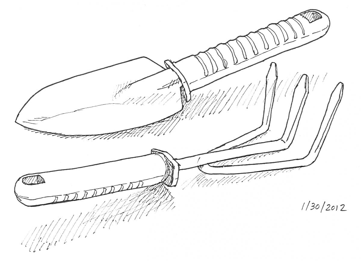 Раскраска Ручные грабли и садовая лопатка