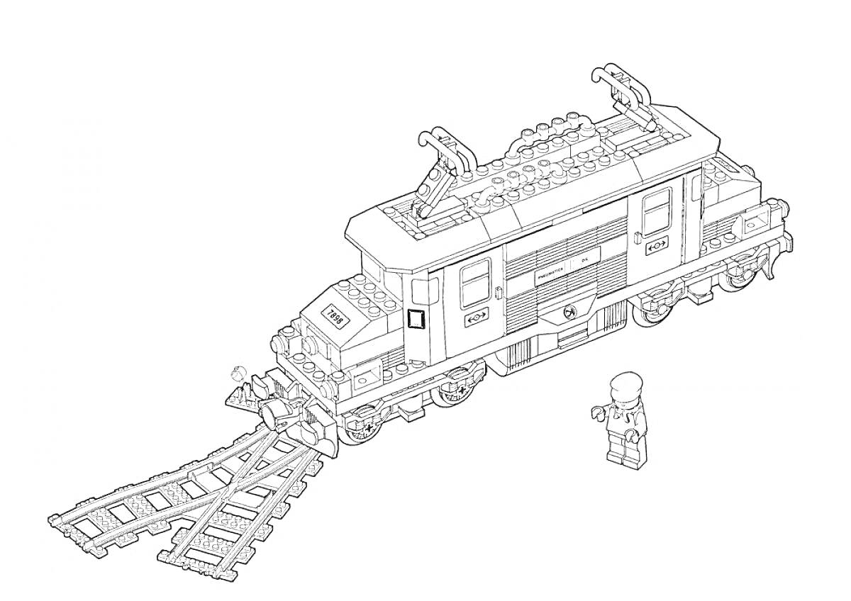 Раскраска Электрический лего поезд на рельсах с минифигуркой