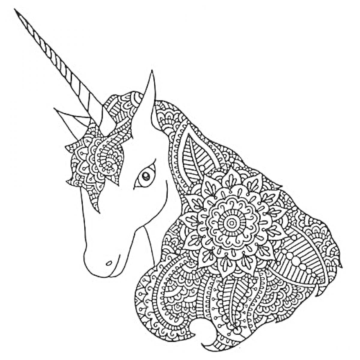 Единорог с декоративными узорами и цветочными элементами на гриве