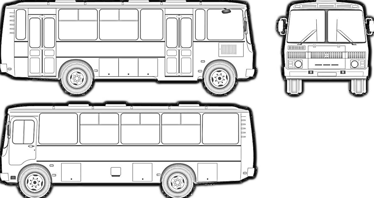 Раскраска автобус ПАЗ, вид сбоку и спереди