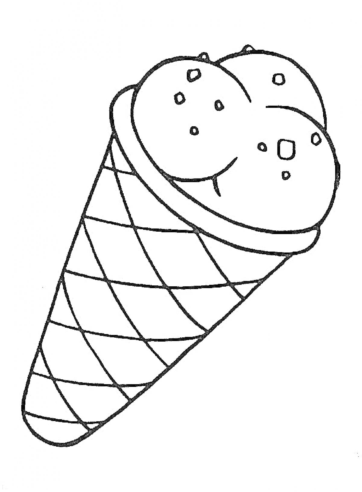 На раскраске изображено: Мороженое, Вафельный рожок, Три шарика, Еда, Для детей, Десерты, Сладости