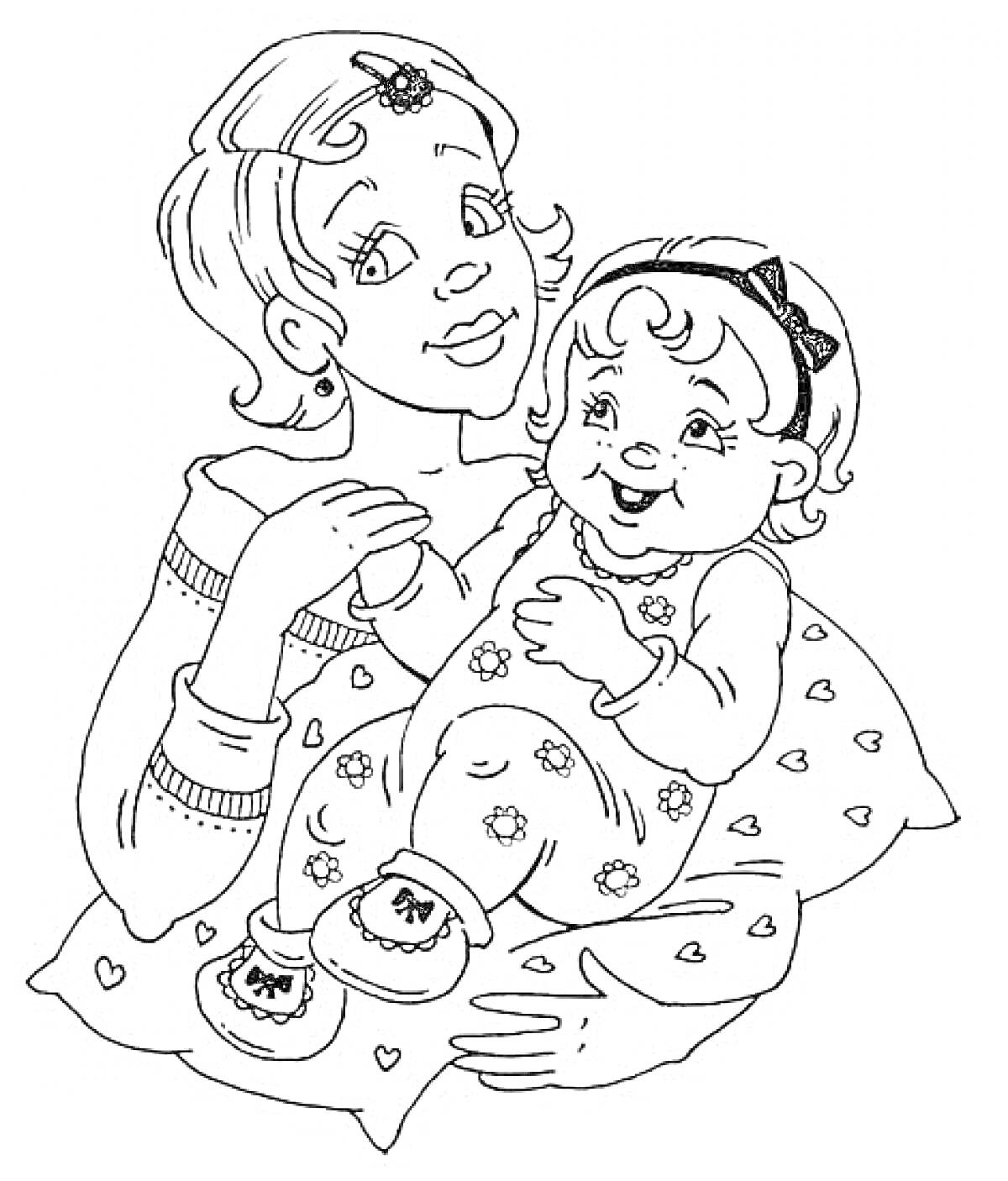 Раскраска Мама держит дочку на подушке с сердечками