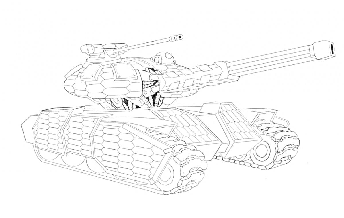 Раскраска Танковая раскраска с детализированным изображением боевого танка с пушкой, гусеницами и броней