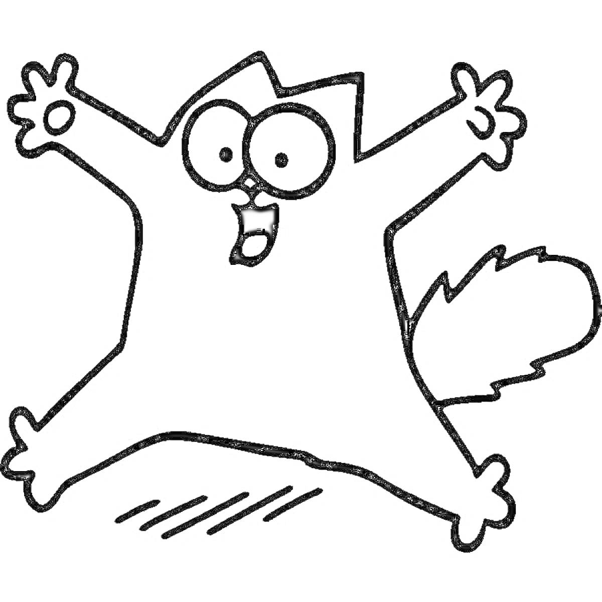 Раскраска прыгающий кот с большими глазами и массивным хвостом на фоне пола
