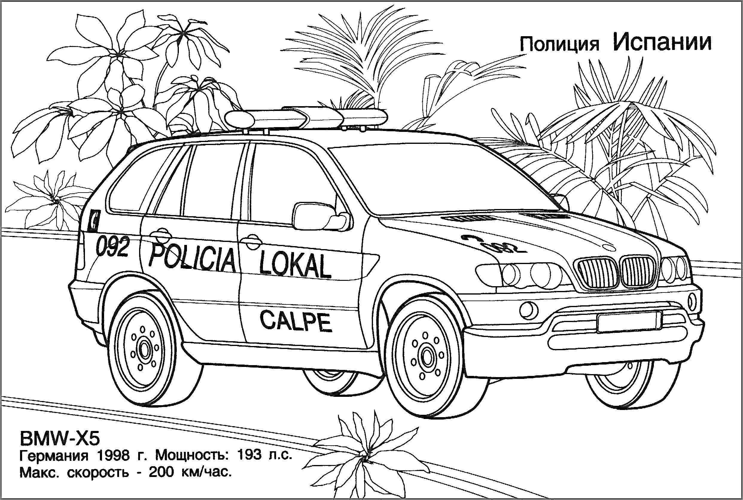 На раскраске изображено: Полиция, Испания, Полицейская машина, Пальмы, Тропики, Для детей, Авто