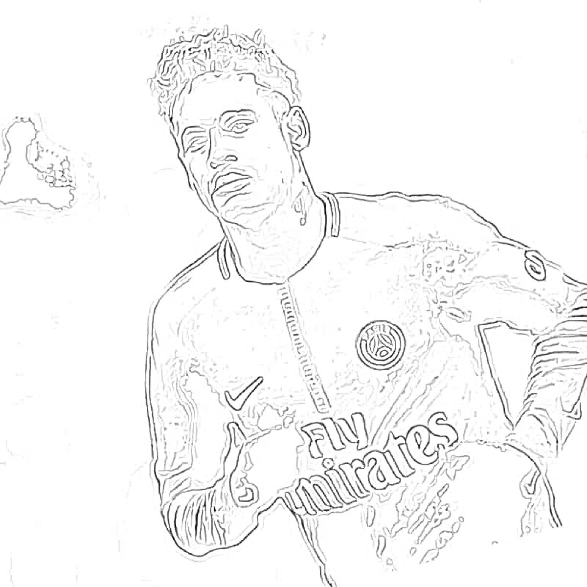 Раскраска Футболист в форме ПСЖ, показывающий жест руками и стоящий на фоне футбольного поля