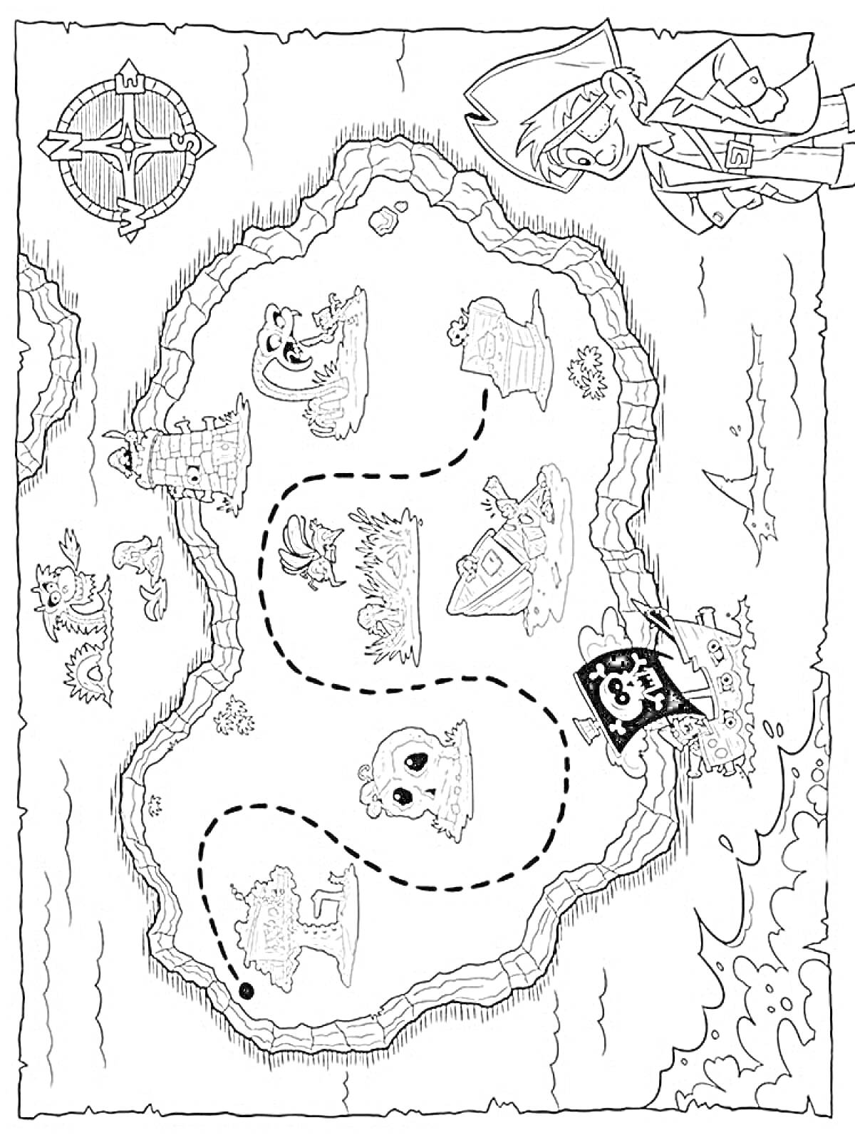 На раскраске изображено: Карта сокровищ, Пираты, Сундуки, Черепа, Остров, Приключения, Пиратский флаг, Животные
