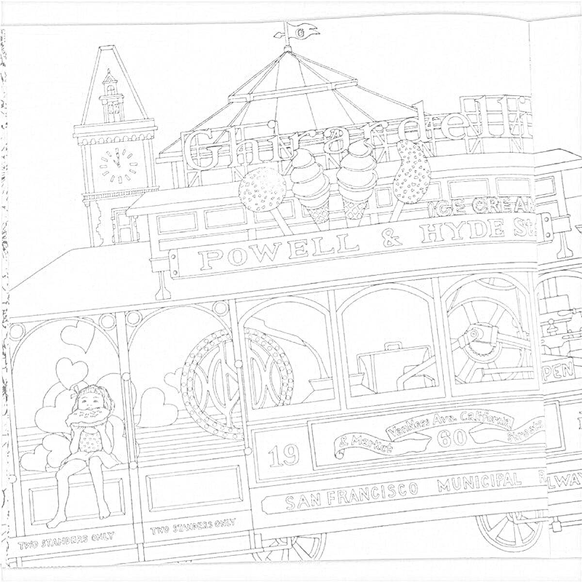 На раскраске изображено: Трамвай, Часы, Аттракцион, Воздушные шары, Здания, Ретро