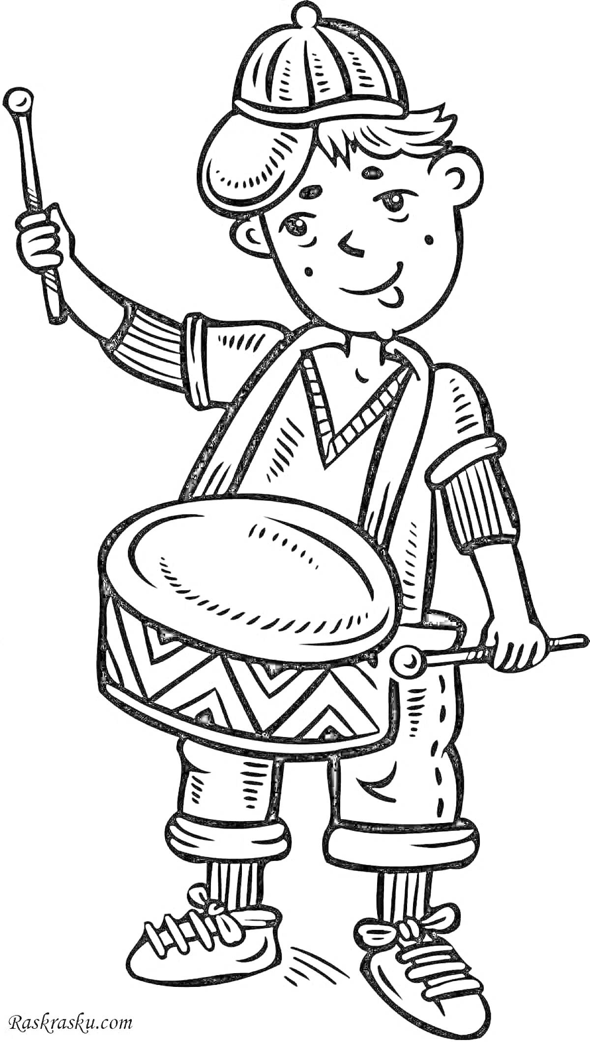 Раскраска Мальчик с барабаном и палочкой