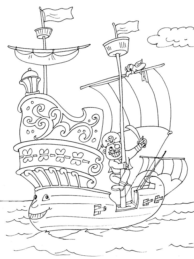 Раскраска Пиратский корабль с пиратом, попугаем, флагами, пушкой и морскими волнами на заднем фоне