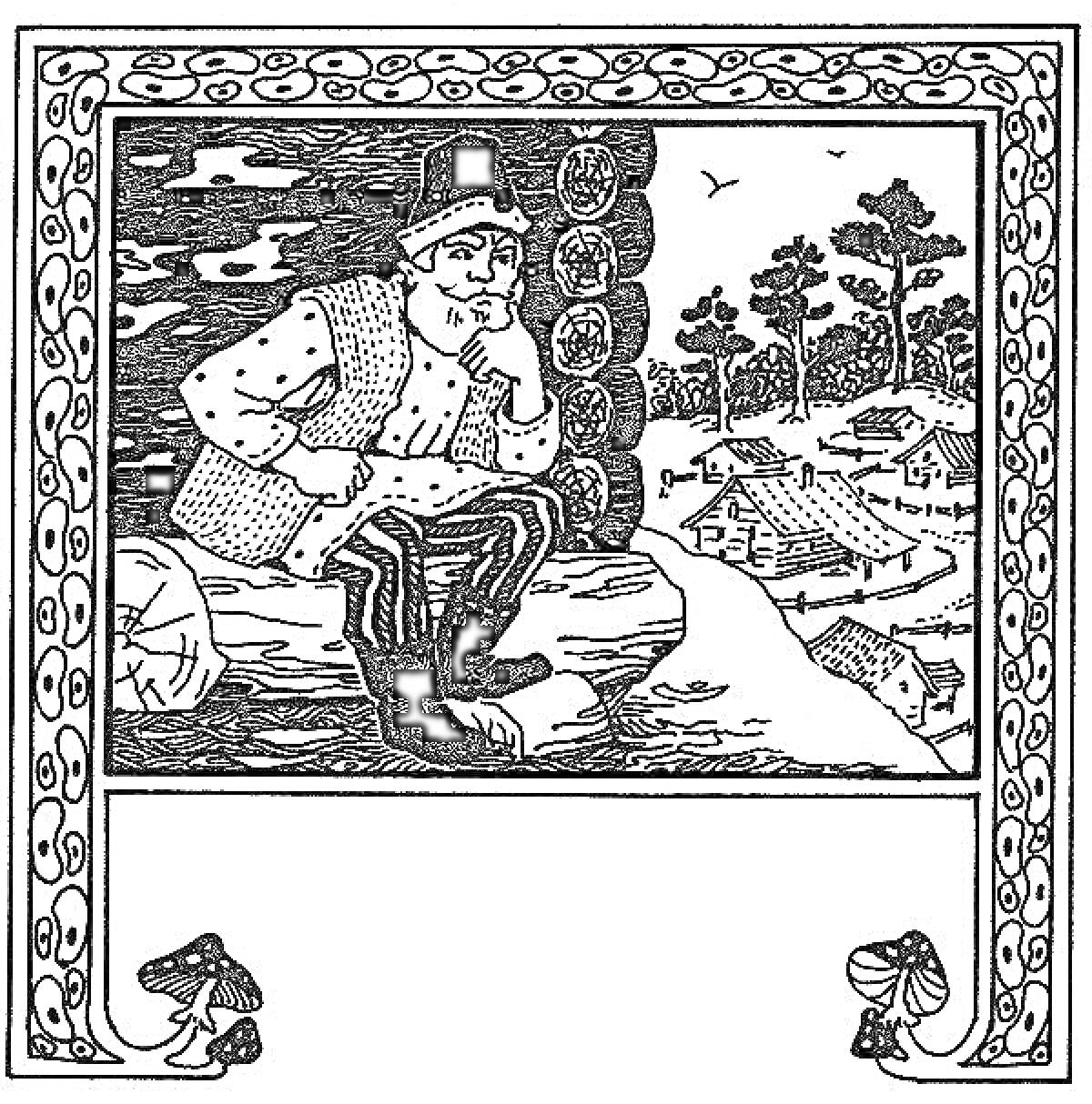 Раскраска Мужчина в жилете и шляпе сидит на бревне, деревенский пейзаж на заднем плане, грибы по углам страци