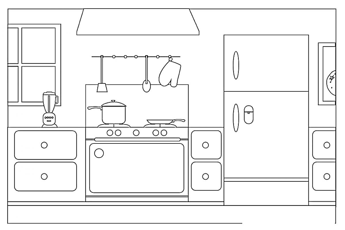 Кухня с плитой, кастрюлей, сковородой, вытяжкой, холодильником, блендером, шкафчиками, окном, прихваткой и ложкой.