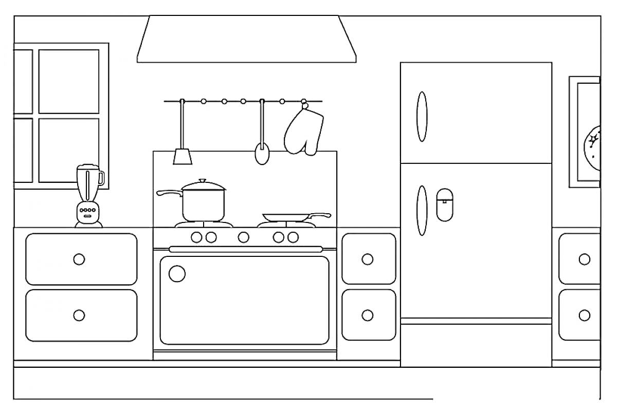 На раскраске изображено: Кухня, Плита, Сковорода, Вытяжка, Холодильник, Блендер, Ложка, Окна, Кастрюли, Шкаф