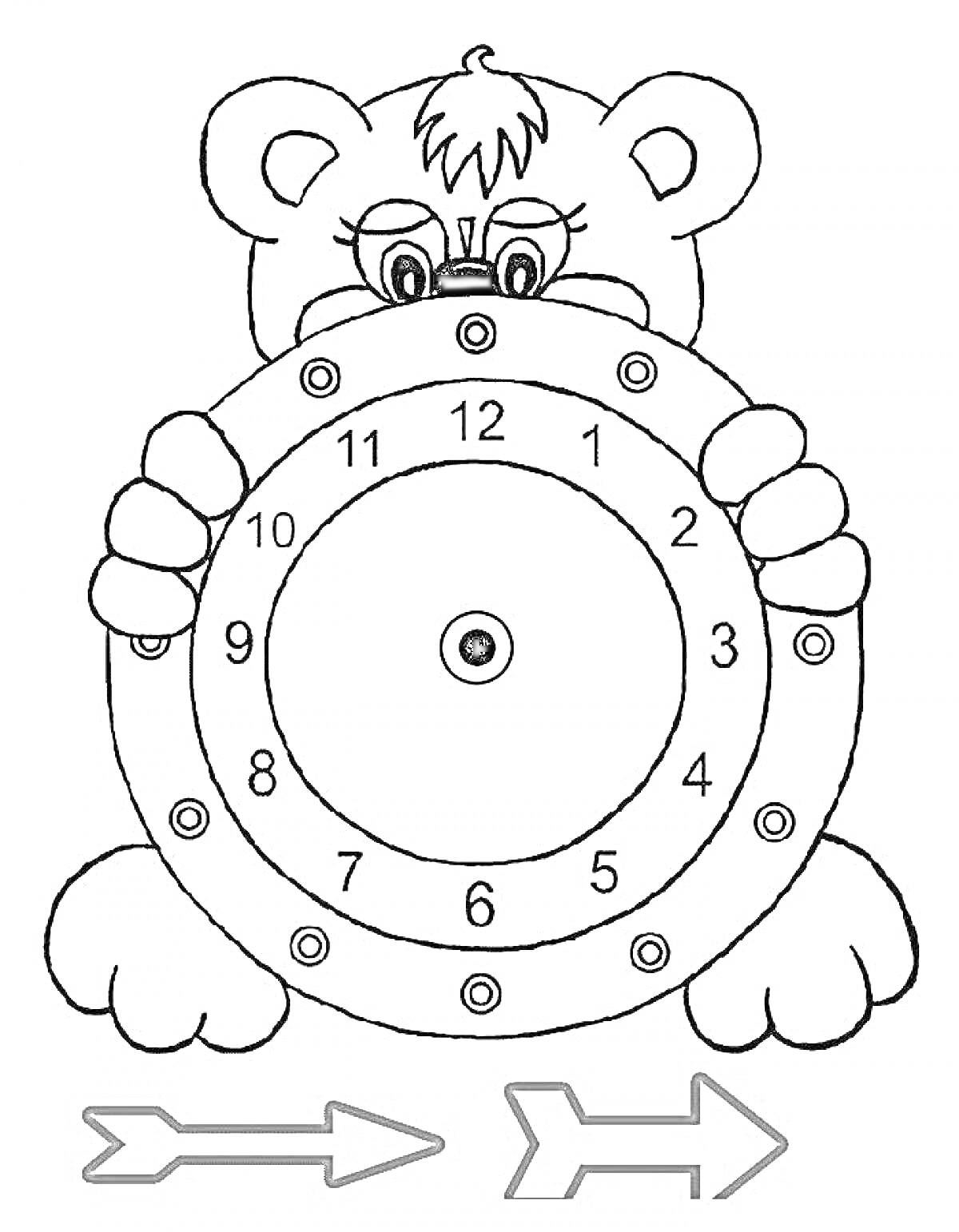 Раскраска Медвежонок с часами, циферблат с цифрами, стрелки часов