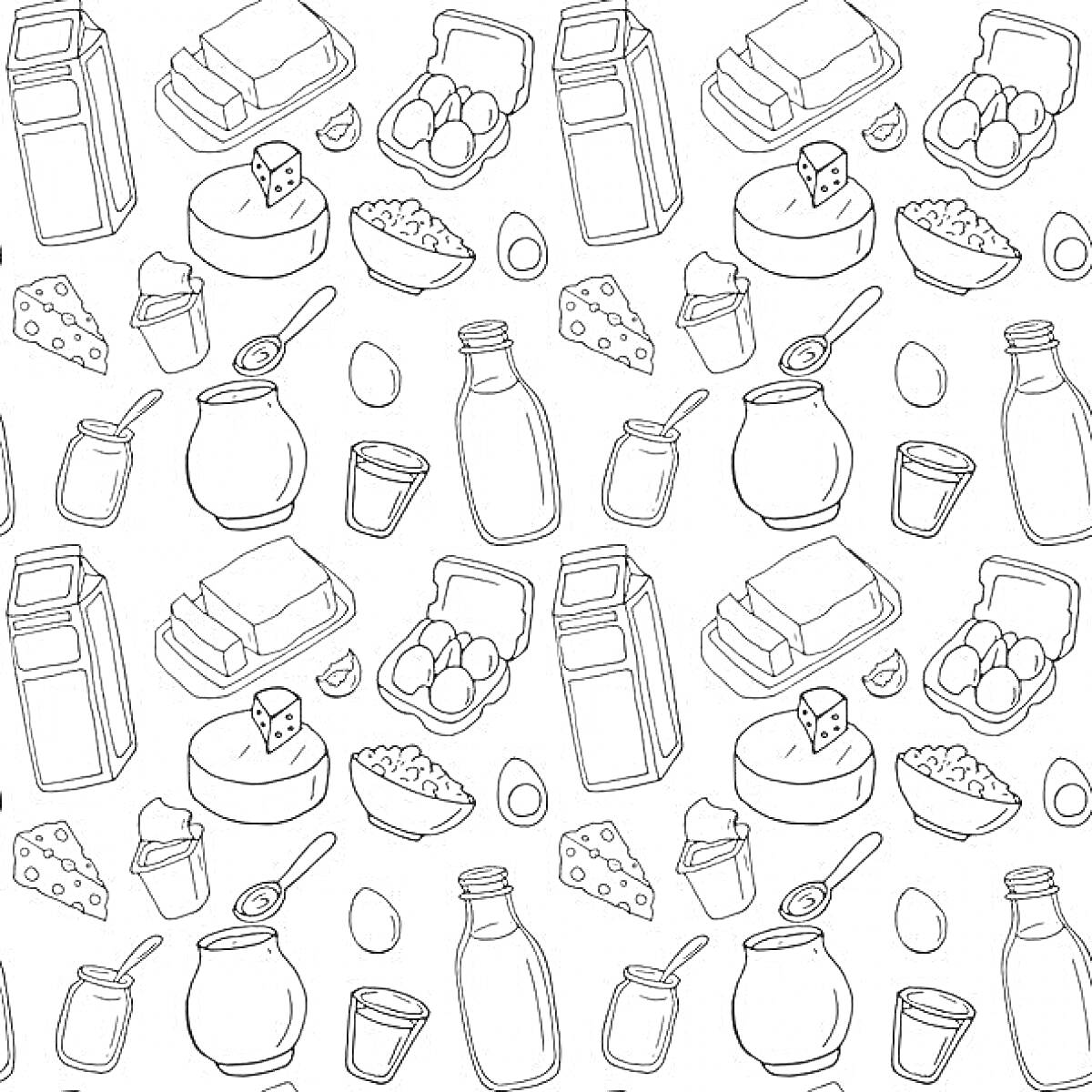 Раскраска Молочные продукты и яйца - коробка молока, кефир или йогурт в банке, стакан молока, кусочки сыра, упаковка яиц, масло в упаковке, стакан с творогом, бутылка молока