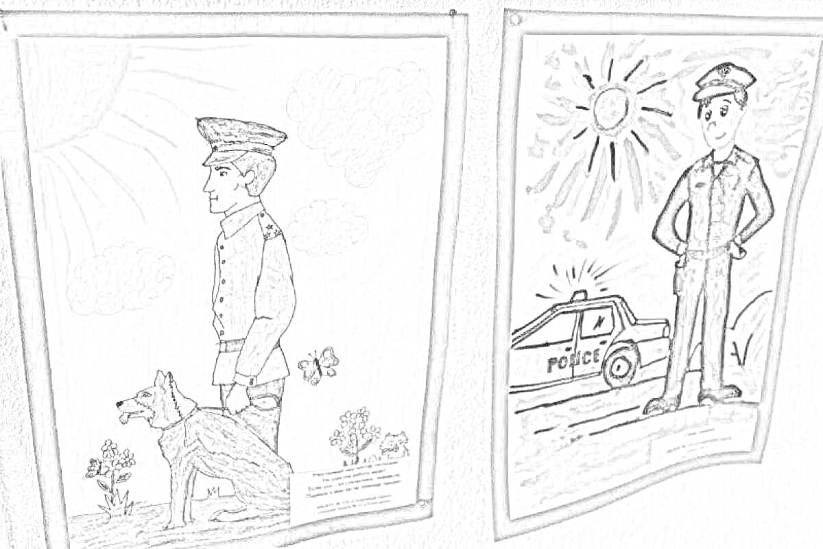 Раскраска Портрет участкового с собакой на фоне природы и портрет участкового перед полицейской машиной с солнцем на фоне.